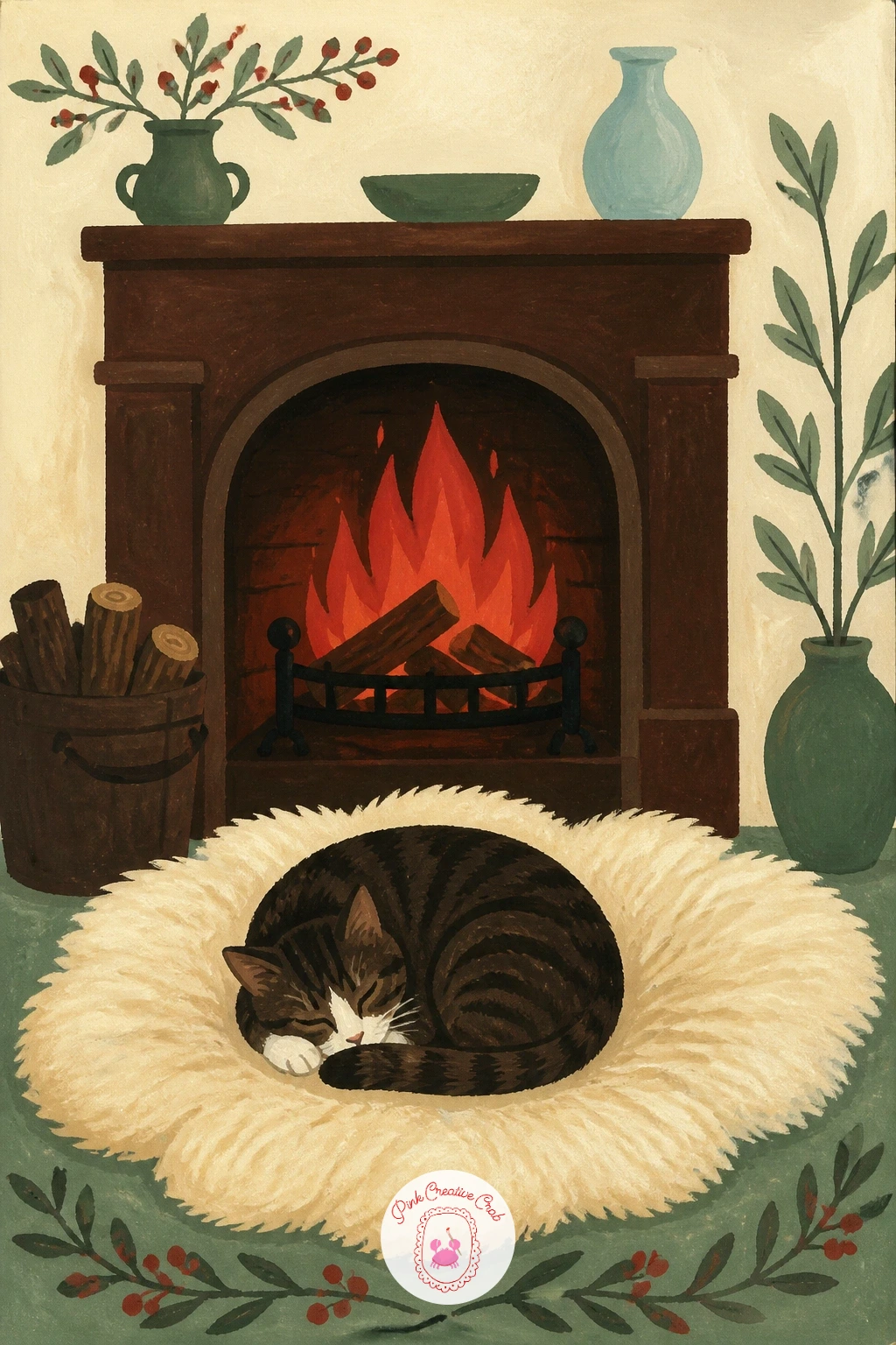 Cat on a Sheepskin Rug by the Fireplace — Give the fireplace its own quiet moment with a cat curled on a sheepskin rug in front of it. Cat illustration