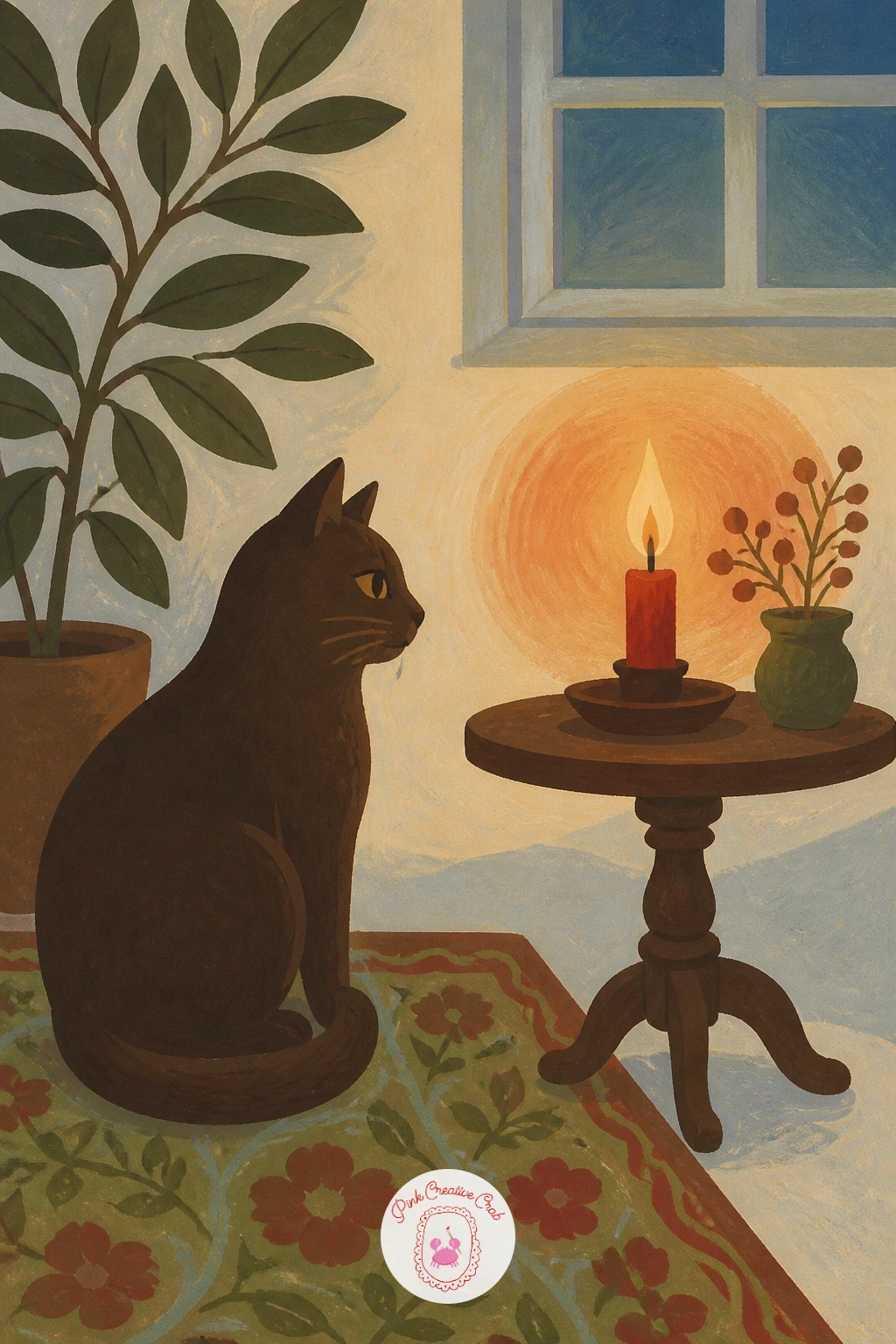 Cat Watching a Candle Flicker — Slow the mood right down with a cat watching a single candle flicker on a side table. Cat illustration