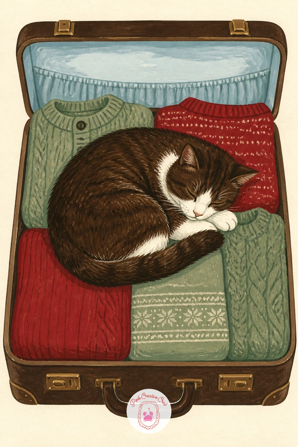Cat Napping in a Suitcase of Sweaters — Add a little domestic comedy with a cat napping inside an open suitcase packed with sweaters. Cat illustration
