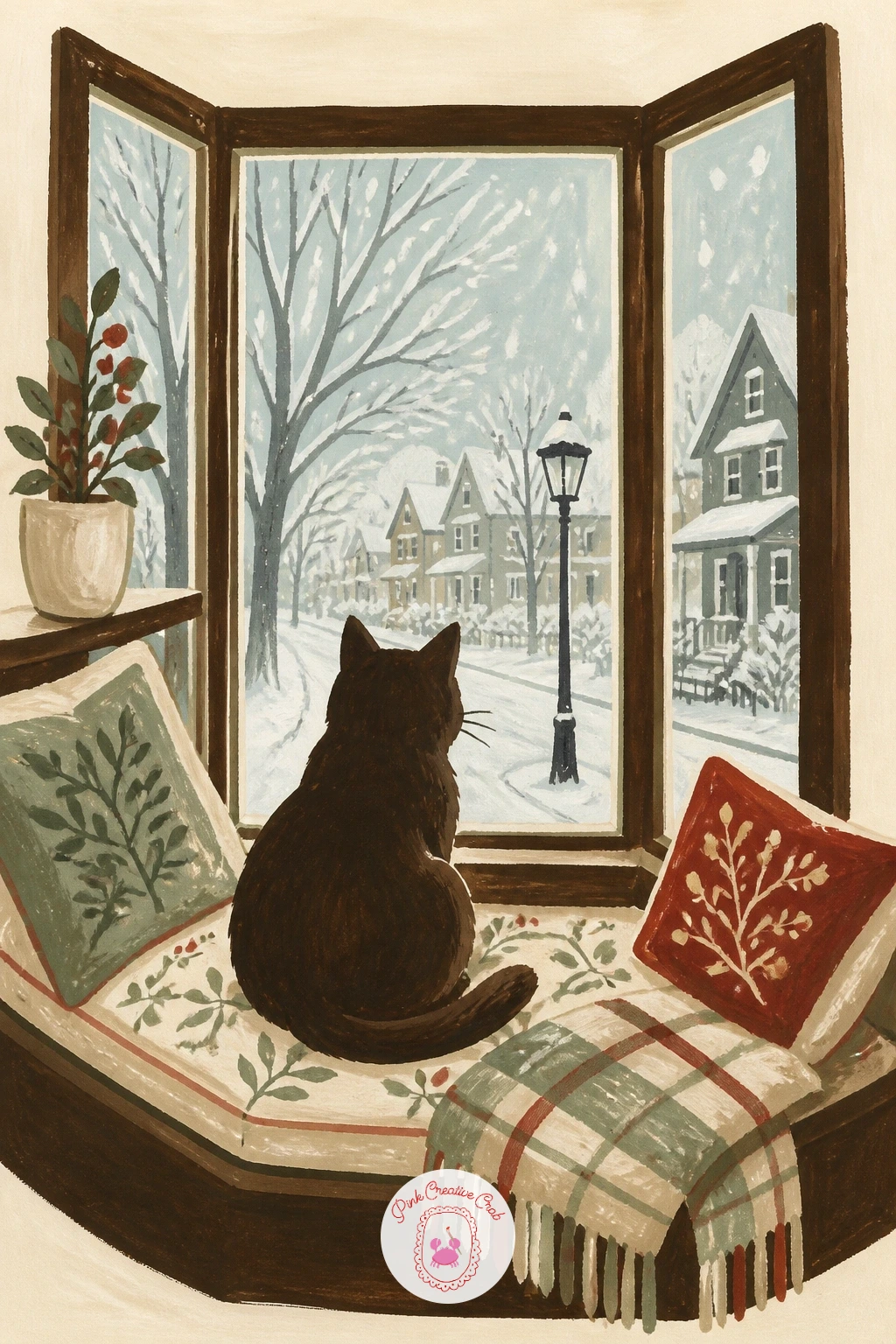Cat in a Bay Window with a Snowy Street — Give this cat the widest view on the list: a bay window with a snowy street stretching out beyond it. Cat illustration