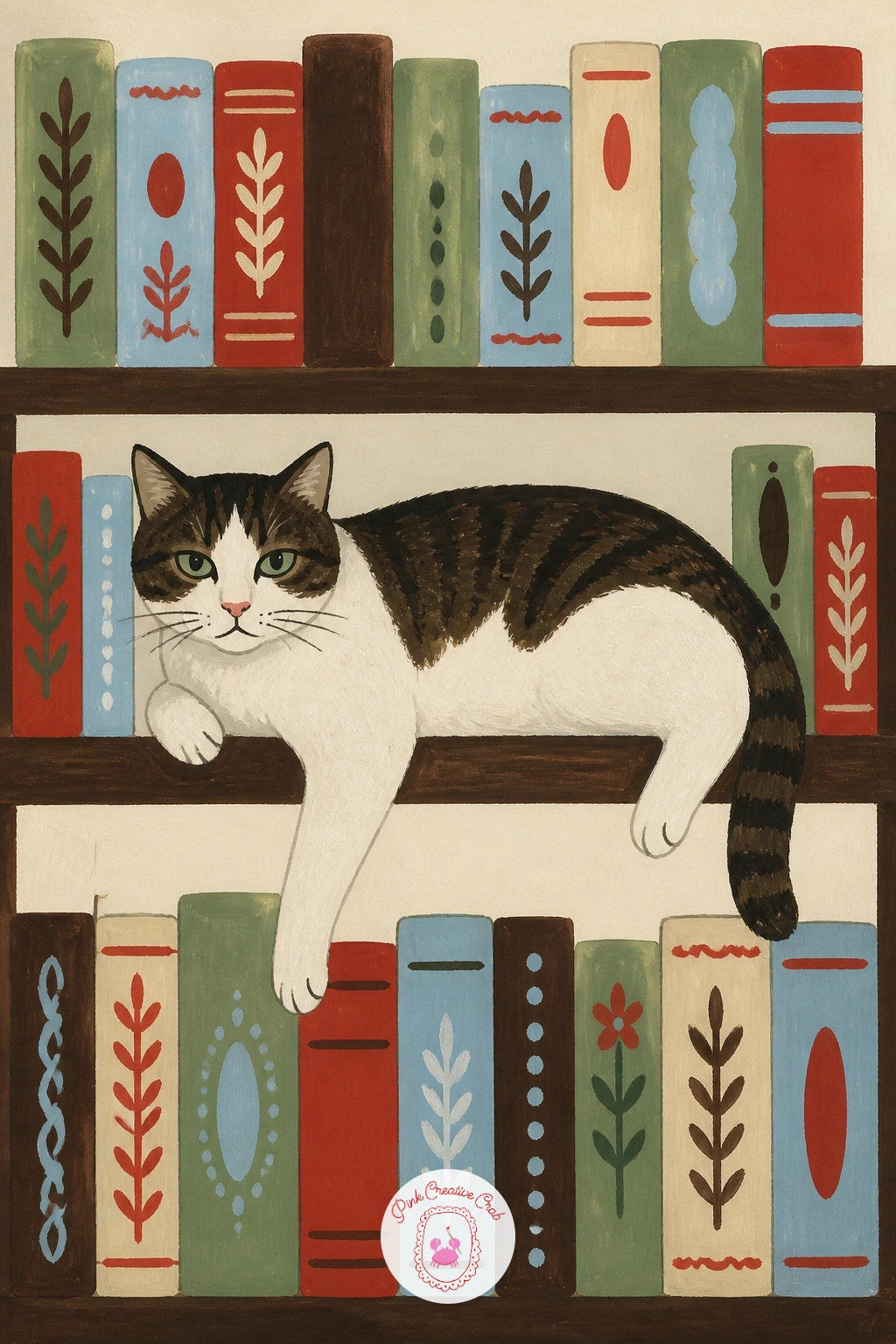 Cat Lounging on a Bookshelf — Move the cat up off the floor entirely: a cat lounging on a bookshelf between rows of books. Cat illustration
