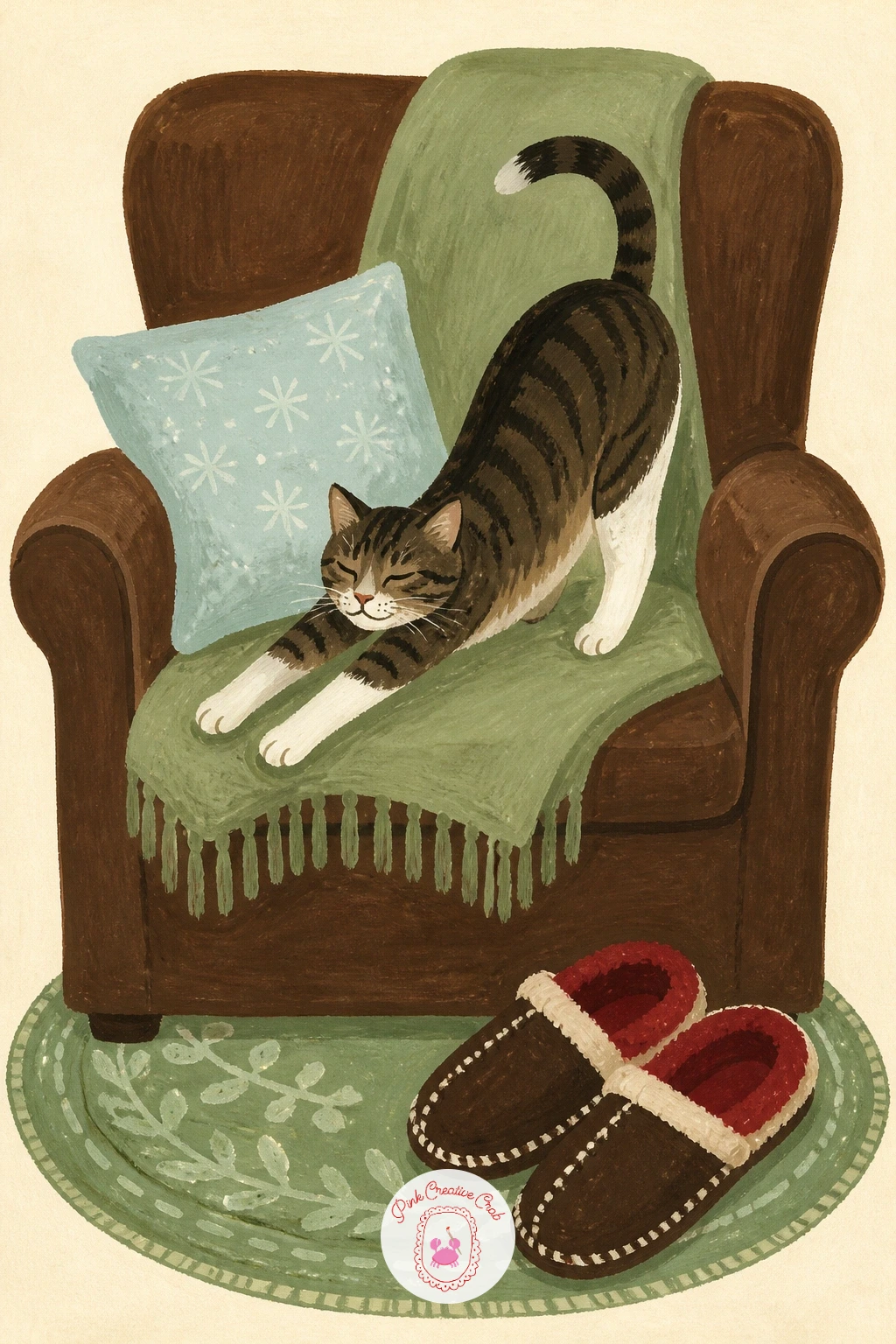 Cat Stretching on an Armchair Beside Slippers — Bring in a small morning story: a cat stretching on a cozy armchair next to a pair of slippers. Cat illustration