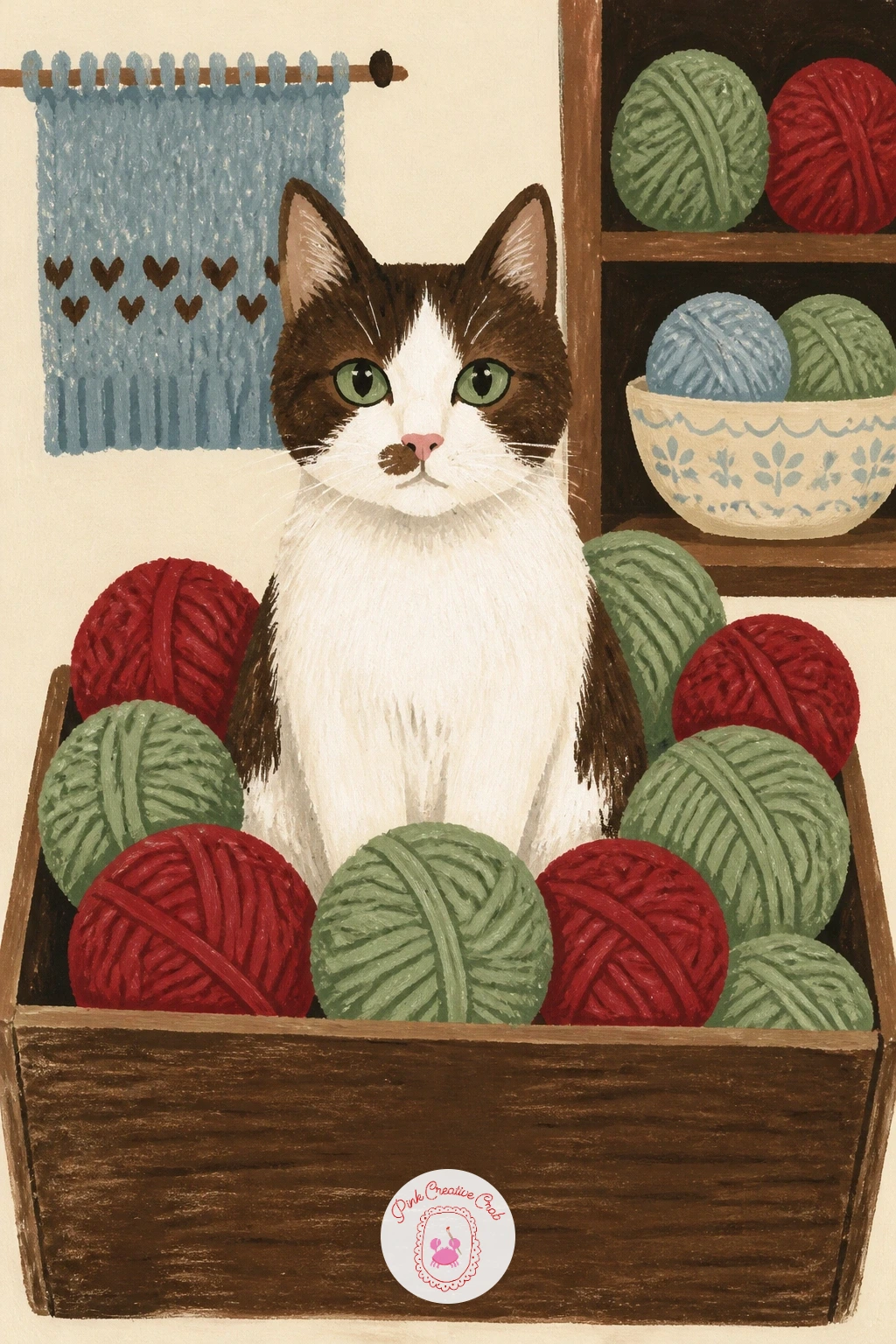 Cat in a Box of Yarn Skeins at a Knitting Shop — Give this one a little shop setting: a cat sitting in a wooden box of yarn skeins in a little knitting shop.