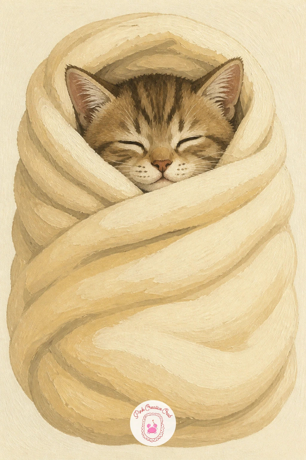 Sleepy Kitten Wrapped Like a Burrito — Keep things soft and small with a sleepy kitten wrapped like a burrito in a fleece blanket. Cat illustration