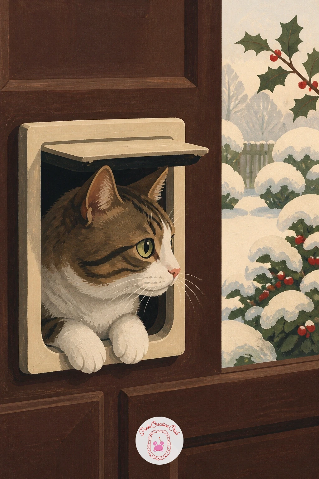 Cat Gazing Through a Cat Flap at the Snowy Garden — Try a slightly different window: a cat gazing out through a cat flap at the snowy garden beyond. Cat
