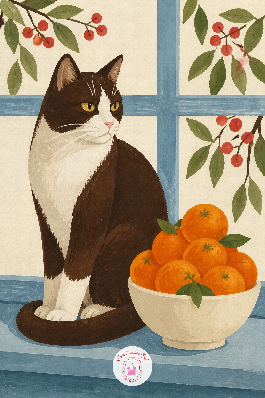 Cat on a Windowsill Beside Clementines — Bring a little color and still life into the kitchen with a cat on a windowsill beside a bowl of clementines. Cat