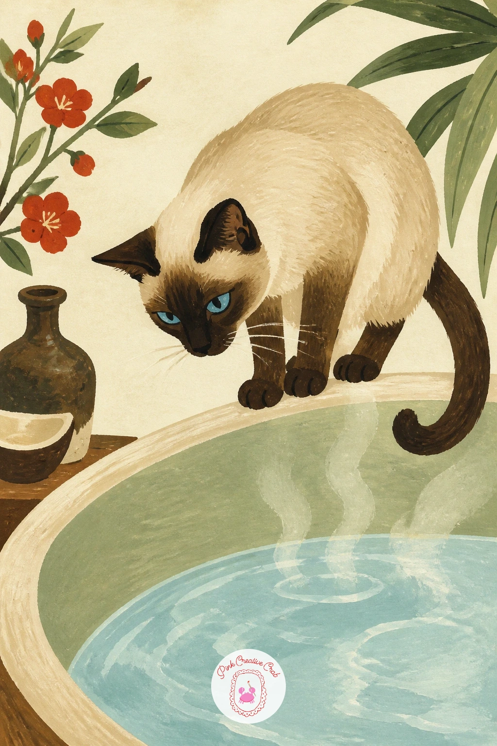 Siamese Cat on the Edge of a Steaming Bath — Move into the bathroom for something a little different: a Siamese cat perched on the edge of a steaming bath. Cat
