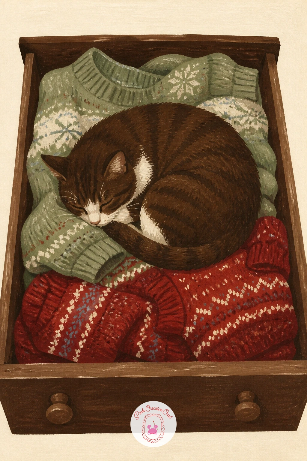 Cat Sleeping on Winter Jumpers in a Drawer — Go back to folded wool for a cat sleeping on winter jumpers in an open drawer. Cat illustration