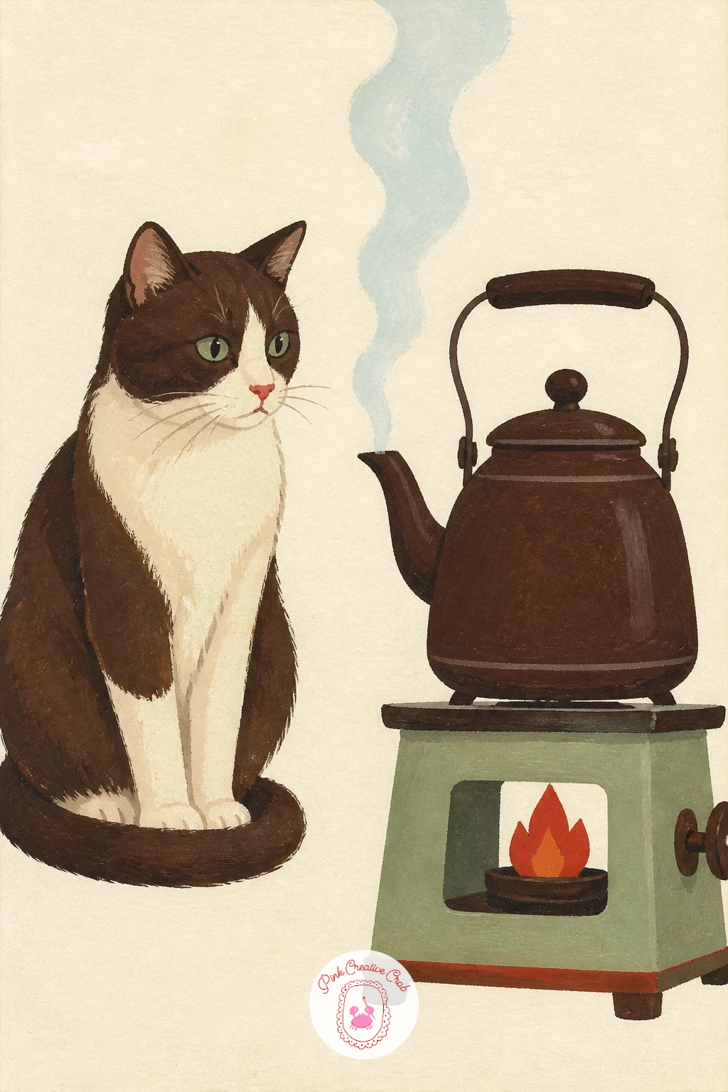 Cat Watching a Kettle on a Little Stove — Return to the kitchen for a quieter moment: a cat watching a small kettle on the stove. Cat illustration