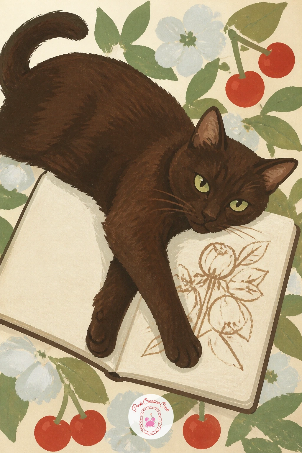 Cat Lying Across an Open Sketchbook — Paint a little scene about painting itself: a cat lying across an open sketchbook right in the middle of a drawing. Cat