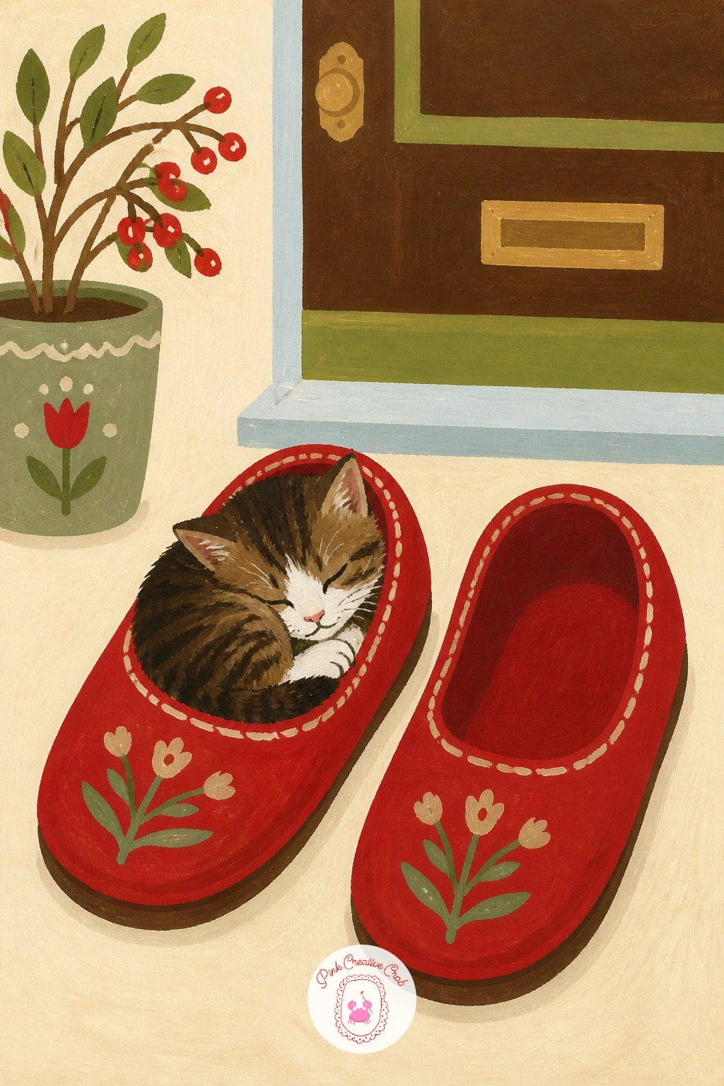 Kitten Asleep in a Slipper by the Front Door — Add a tiny, almost comic scale moment: a kitten asleep curled inside a single slipper by the front door. Cat