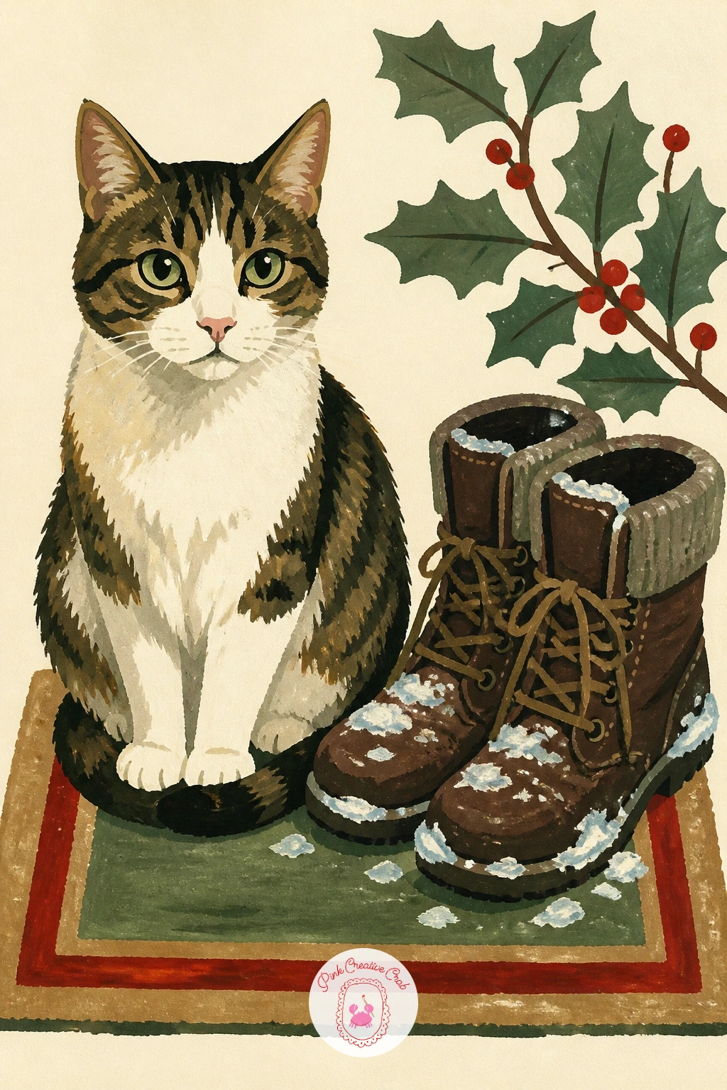 Cat on the Doormat Beside Snowy Boots — Paint the hallway itself for a cat sitting on the doormat beside a pair of snowy boots. Cat illustration