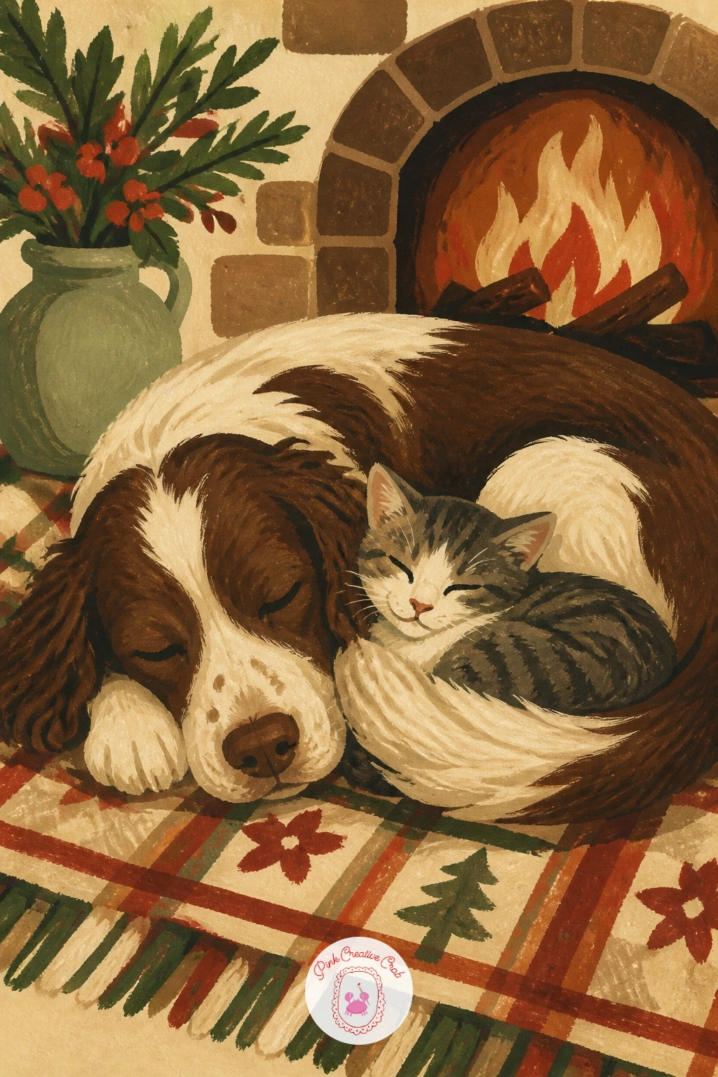 Cat Cuddled With a Sleepy Dog by the Fire — Add a second species into the mix with a cat cuddled up against a big sleepy dog by the fire. Cat illustration