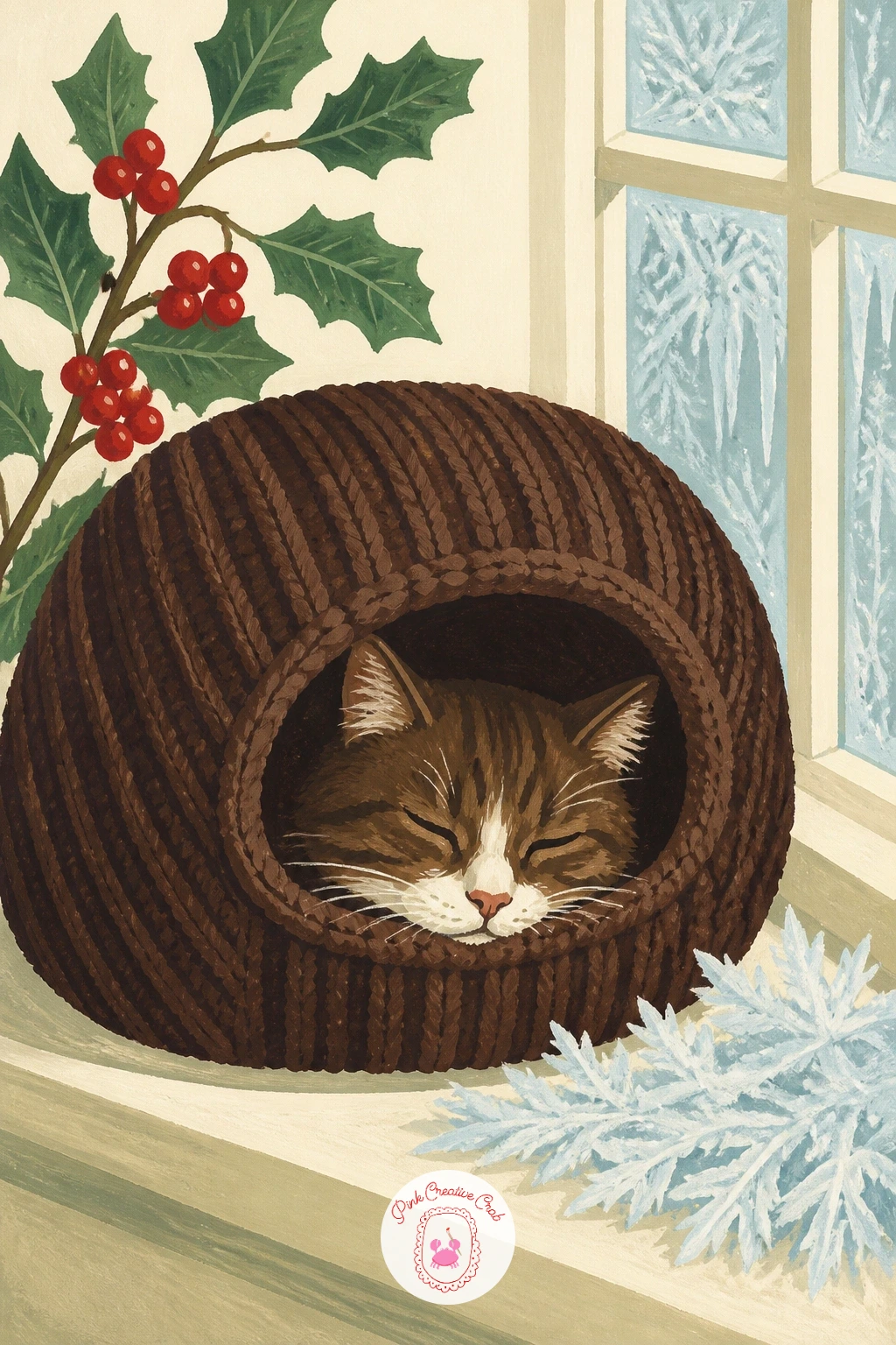 Cat Napping in a Knitted Cat Cave — Bring back one more knitted object for a cat napping inside a knitted cat cave set on the windowsill. Cat illustration