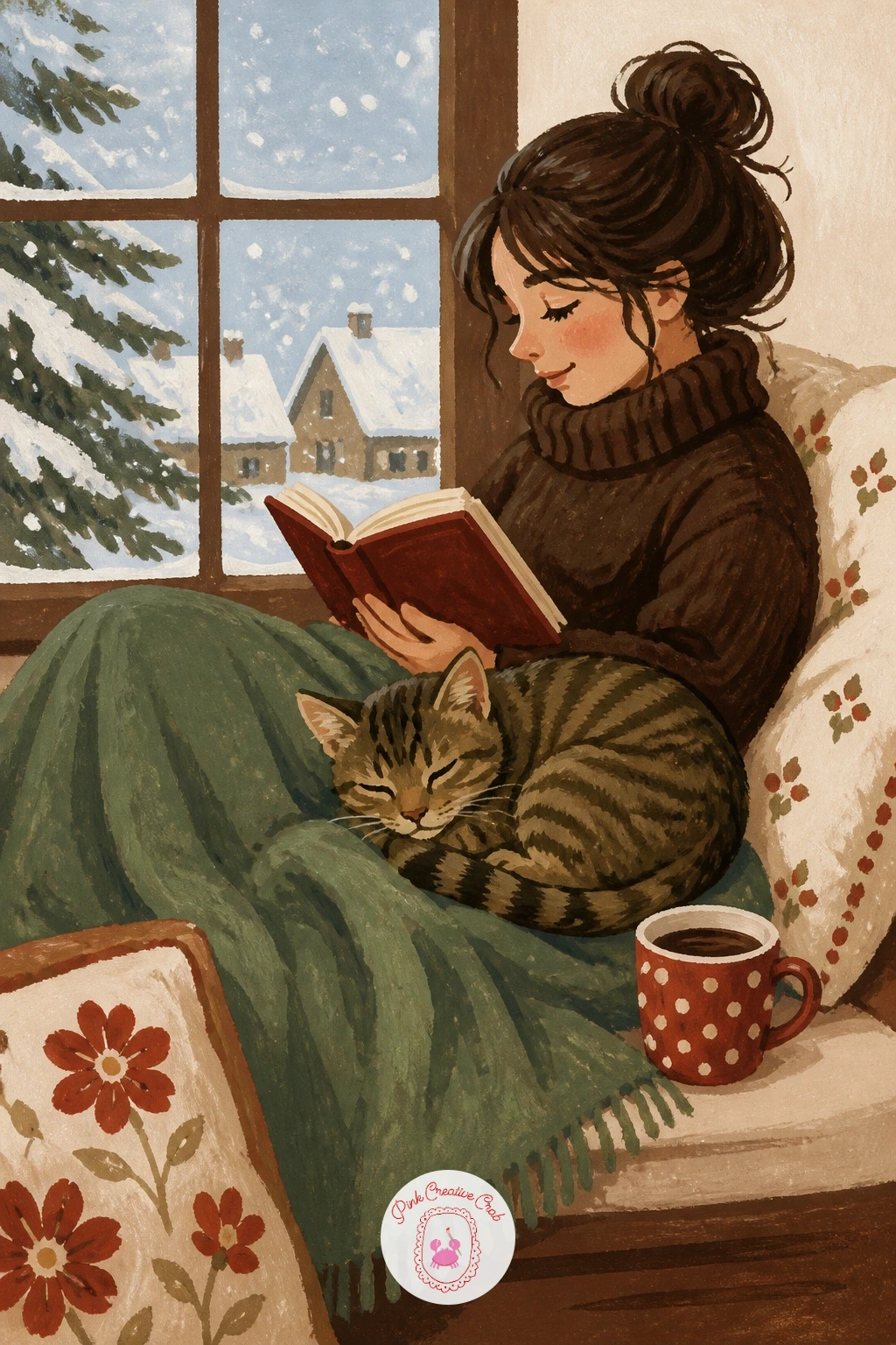 Tabby Cat Sharing a Window Seat With a Girl Reading — Close the list with the most involved scene: a tabby cat sharing a window seat with a girl reading beside