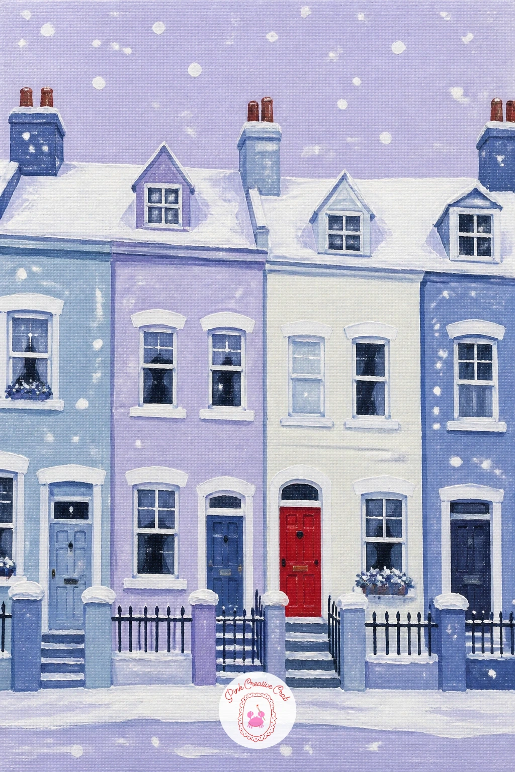 Row Houses Under Falling Snow — Start with the easiest scene on this list: a quiet street of row houses seen through big, falling flakes. Snow painting