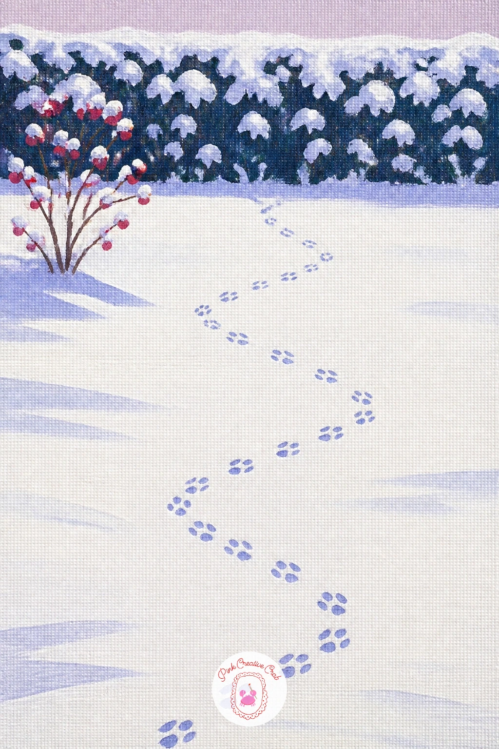 Dog's Zigzag Trail in the Snow — A backyard crossed by a dog's zigzag paw trail brings a bit of movement into the still white ground. Snow painting