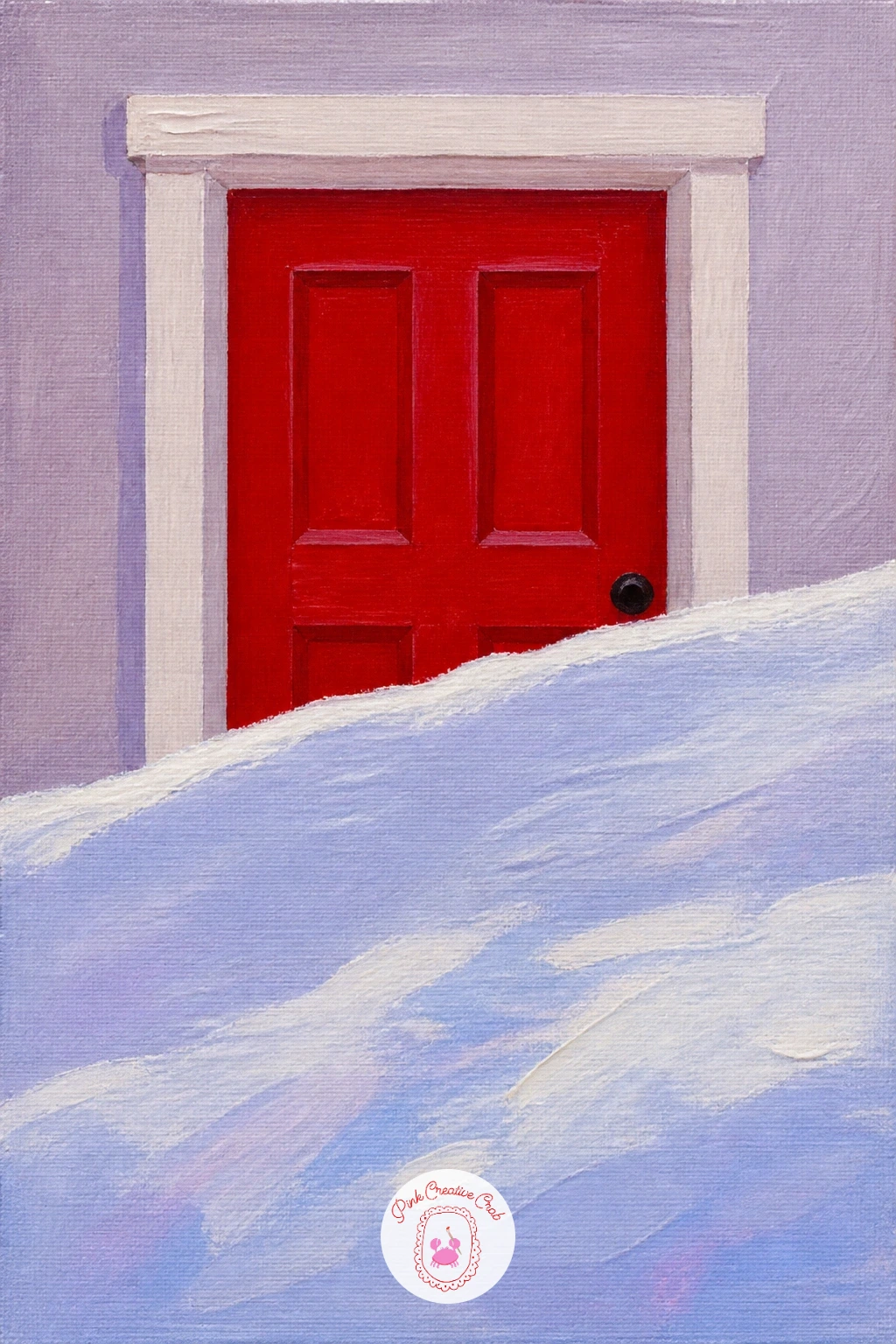 Cherry Red Door Behind a Snowdrift — After the open yard scenes, bring the eye in close with a cherry red front door half hidden behind a snowdrift. Snow