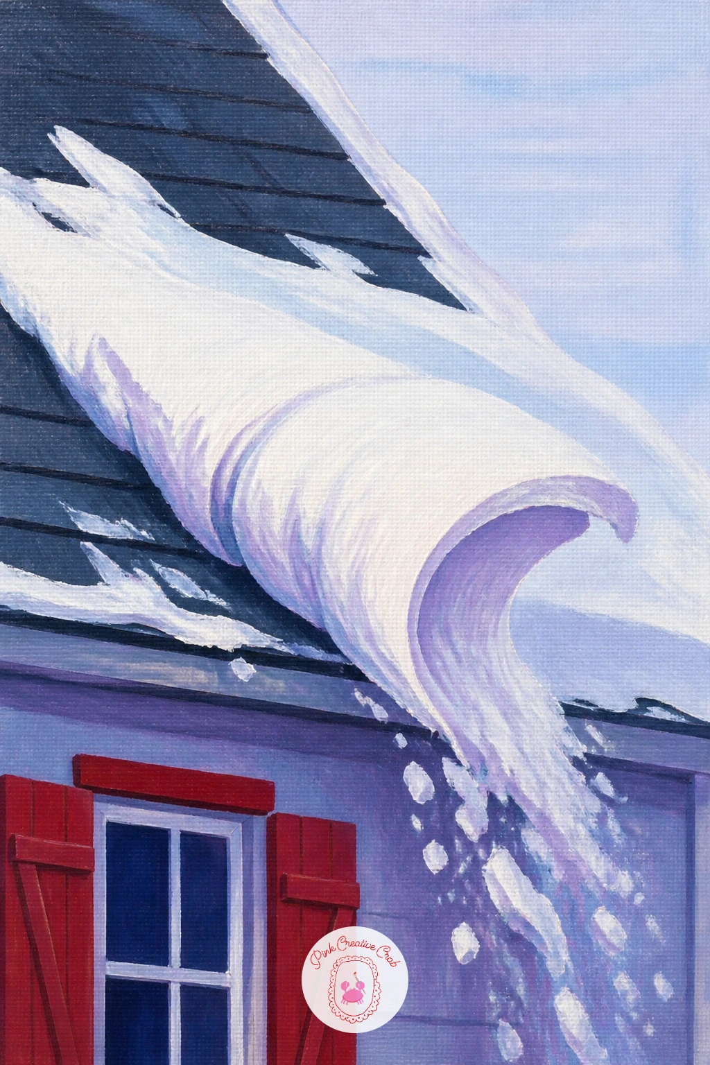 Snow Sliding Off a Cottage Roof — Give the snow some motion with a heap of it mid-slide off a slanted cottage roof. Snow painting