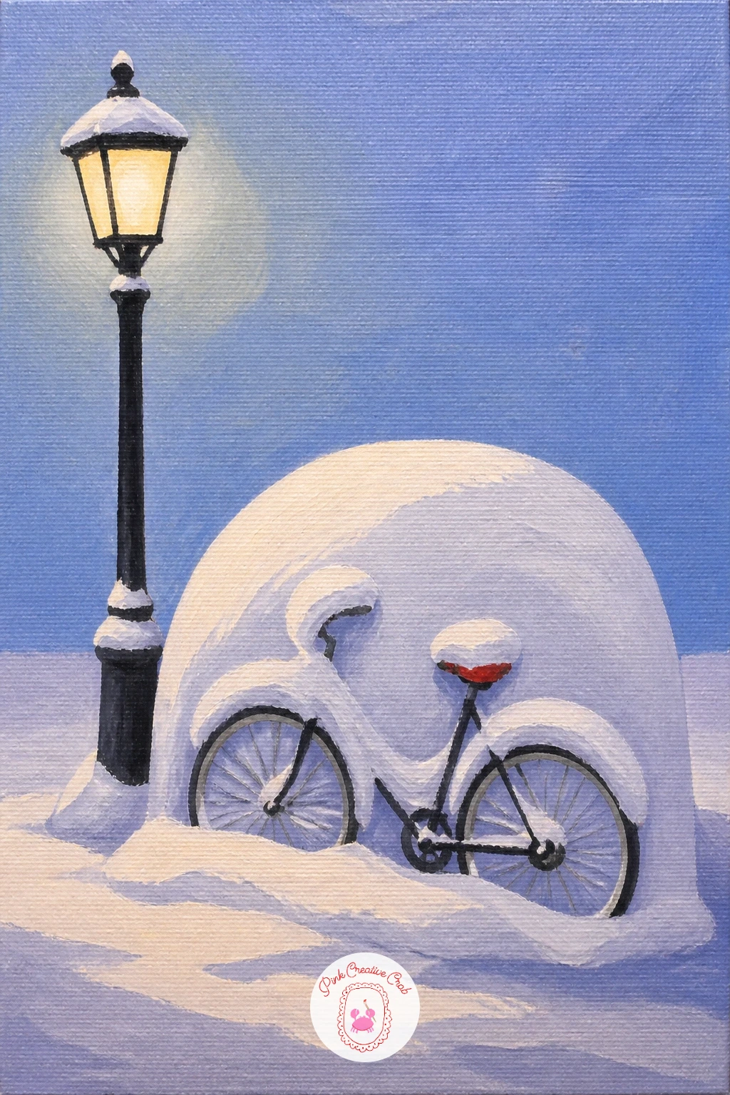 Bicycle Under a Snow Dome — A bicycle buried under a dome of snow beside a lamppost is a favourite small-scene subject, and this is a good one once you have a