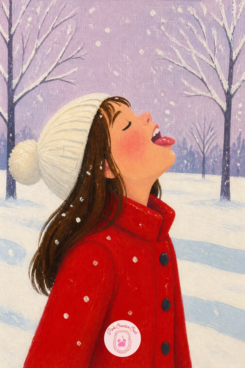 Girl Catching Snowflakes — Bring a figure into the scene with a girl catching snowflakes on her tongue in a park. Snow painting