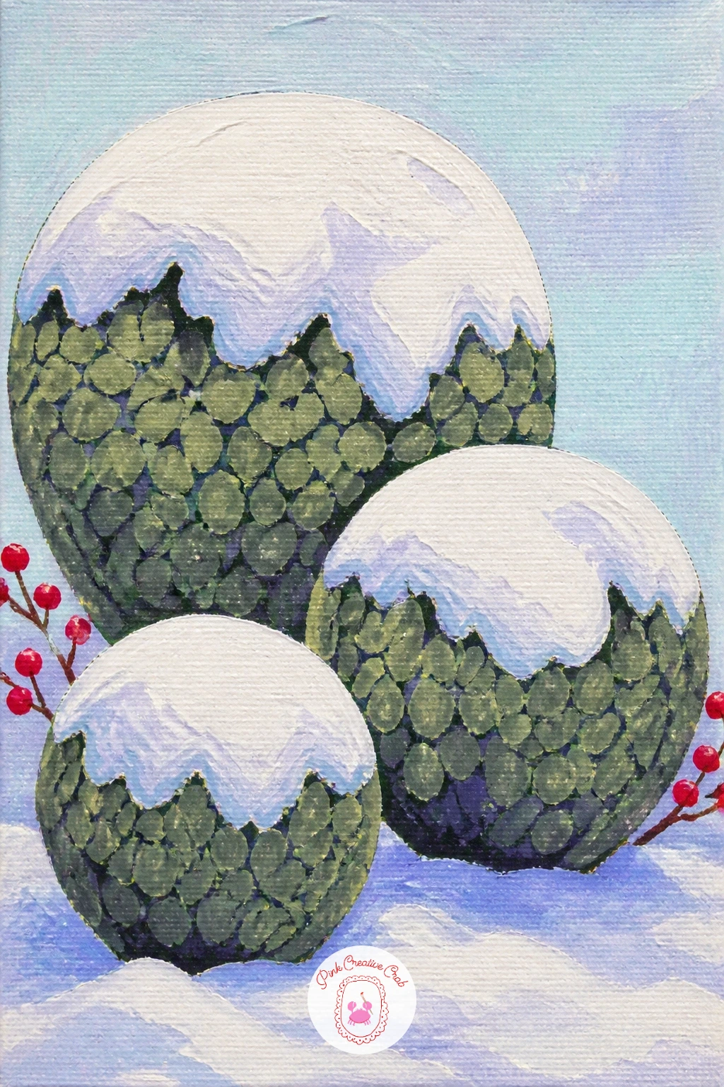 Topiary Balls Under Snow Caps — A garden of round topiary balls under white caps is a calm, almost pattern-like scene to paint next. Snow painting