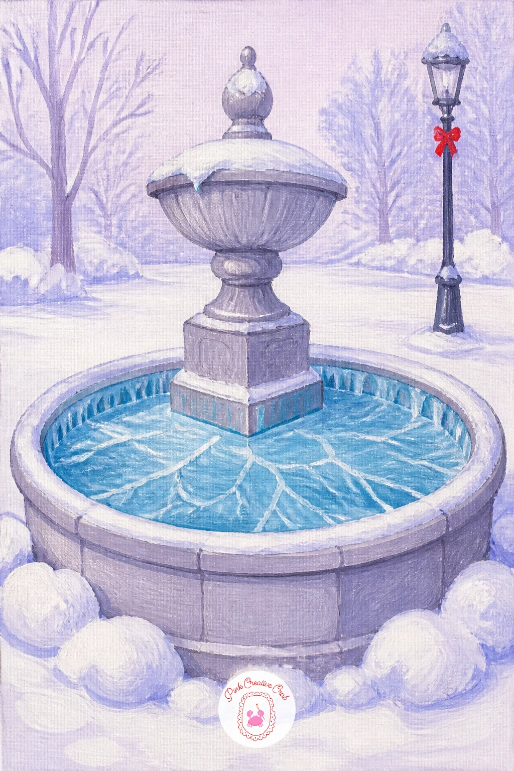 Frozen Park Fountain — A park fountain frozen and frosted with fresh snow gives you a nice change of shape after all those rounded domes. Snow painting