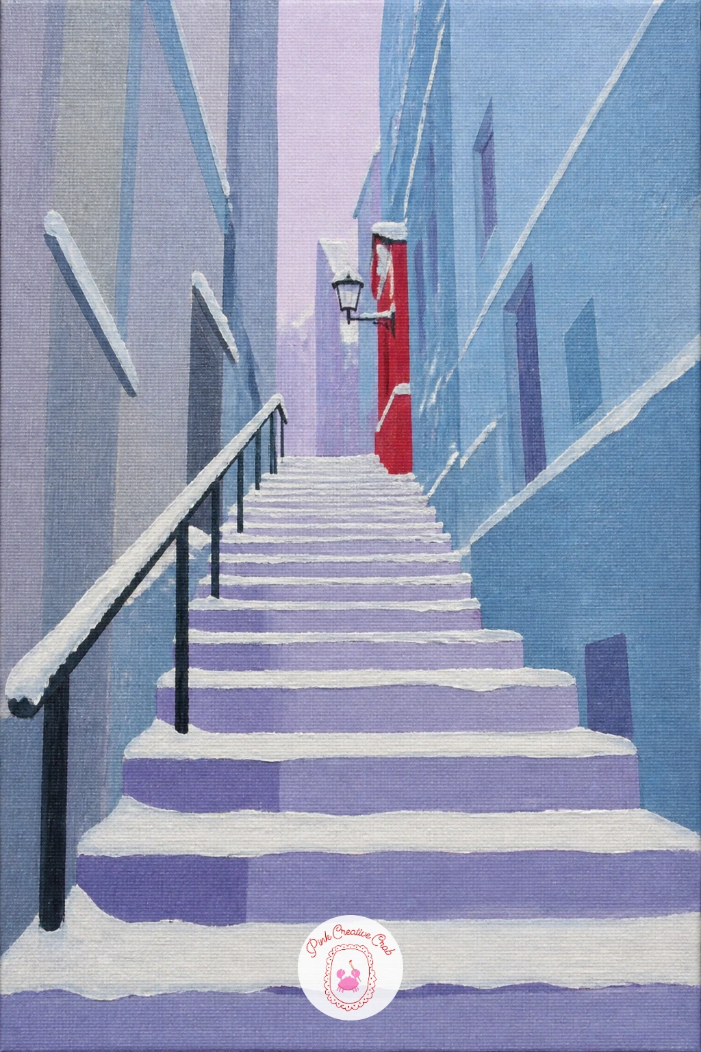 Snowy City Stairway — A steep city stairway with snow on every step turns perspective into the whole subject. Snow painting