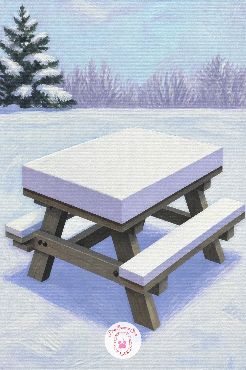 Picnic Table With a Snow Slab — A picnic table carrying a perfect slab of snow on top is a satisfying study in flat geometry. Snow painting