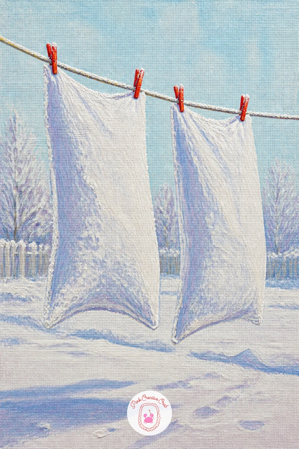 Frozen Pillowcases on a Clothesline — Swap the garden furniture for a clothesline of frozen pillowcases, a quirky little scene that rewards careful edges. Snow