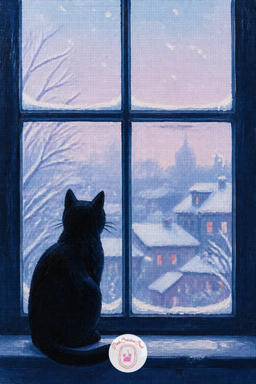 First Snowfall Seen From a Window — Frame the first snowfall of the season from inside, seen through a window with a cat watching. Snow painting