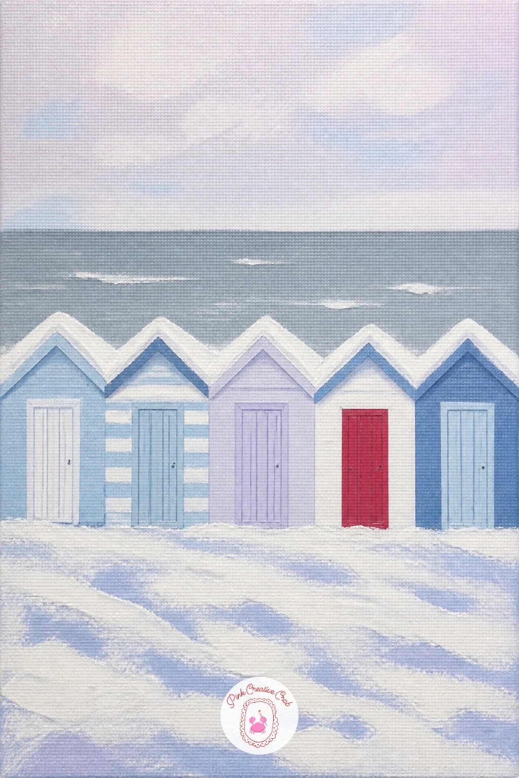 Beach Huts Under Snow — A row of beach huts under snow by a grey sea makes a lovely cold-weather twist on a summery subject. Snow painting