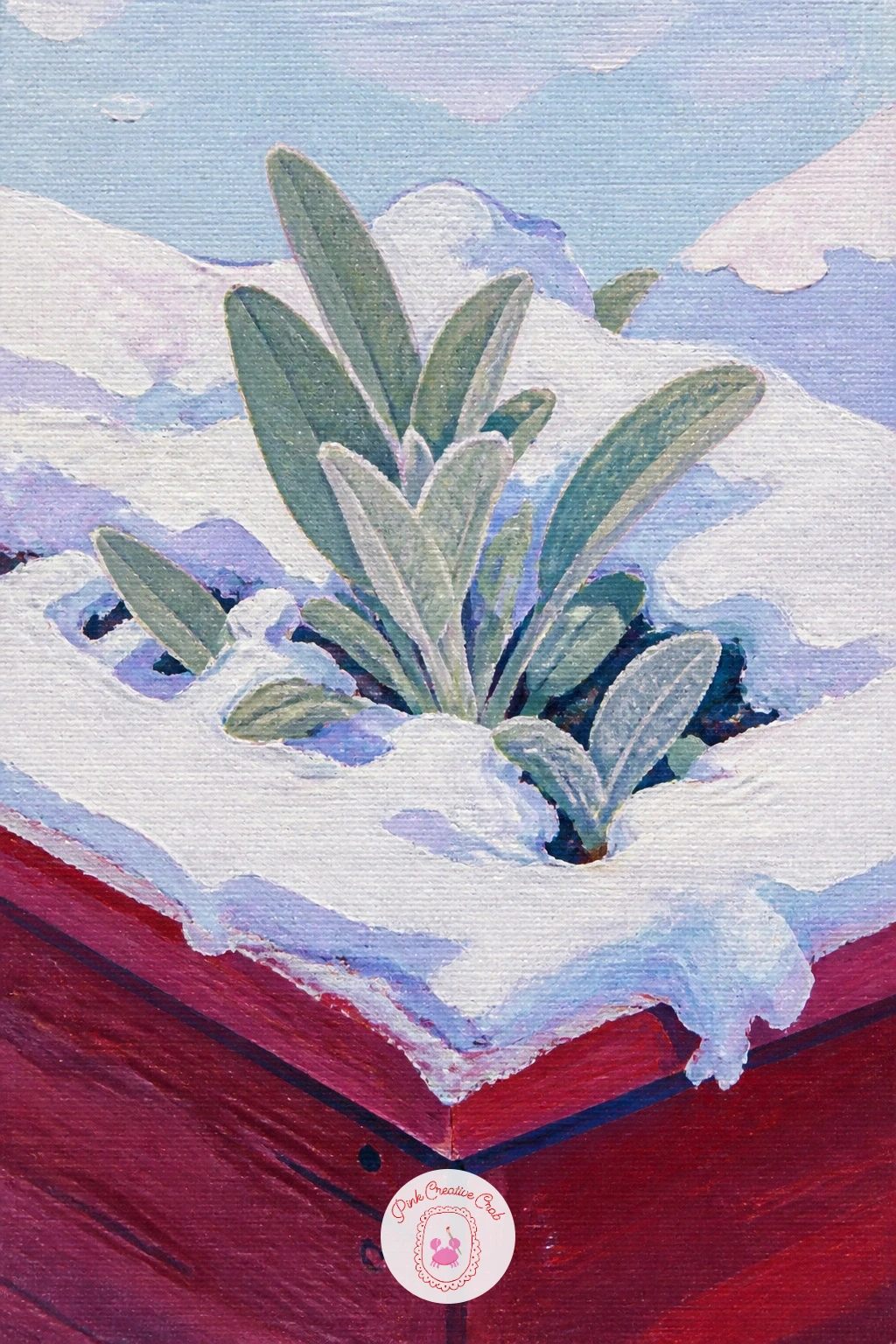 Sage Leaves Through the Snow — Bring in a small sign of life with sage leaves poking through snow in a raised garden bed. Snow painting