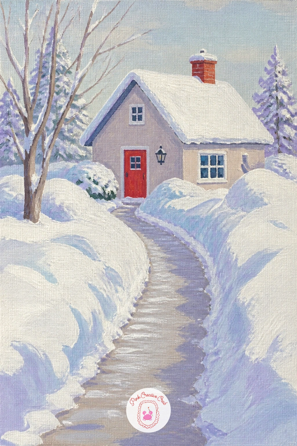 Shoveled Footpath to a Cottage — A footpath shoveled through deep snow to a cottage turns the ground itself into the main shape of the composition. Snow