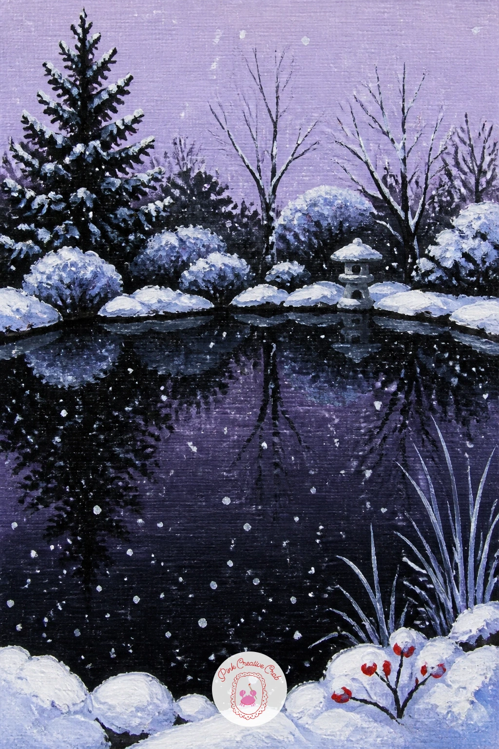 Snowflakes Over a Dark Garden Pond — Snowflakes drifting down onto a dark garden pond gives you a chance to paint snow against something other than white