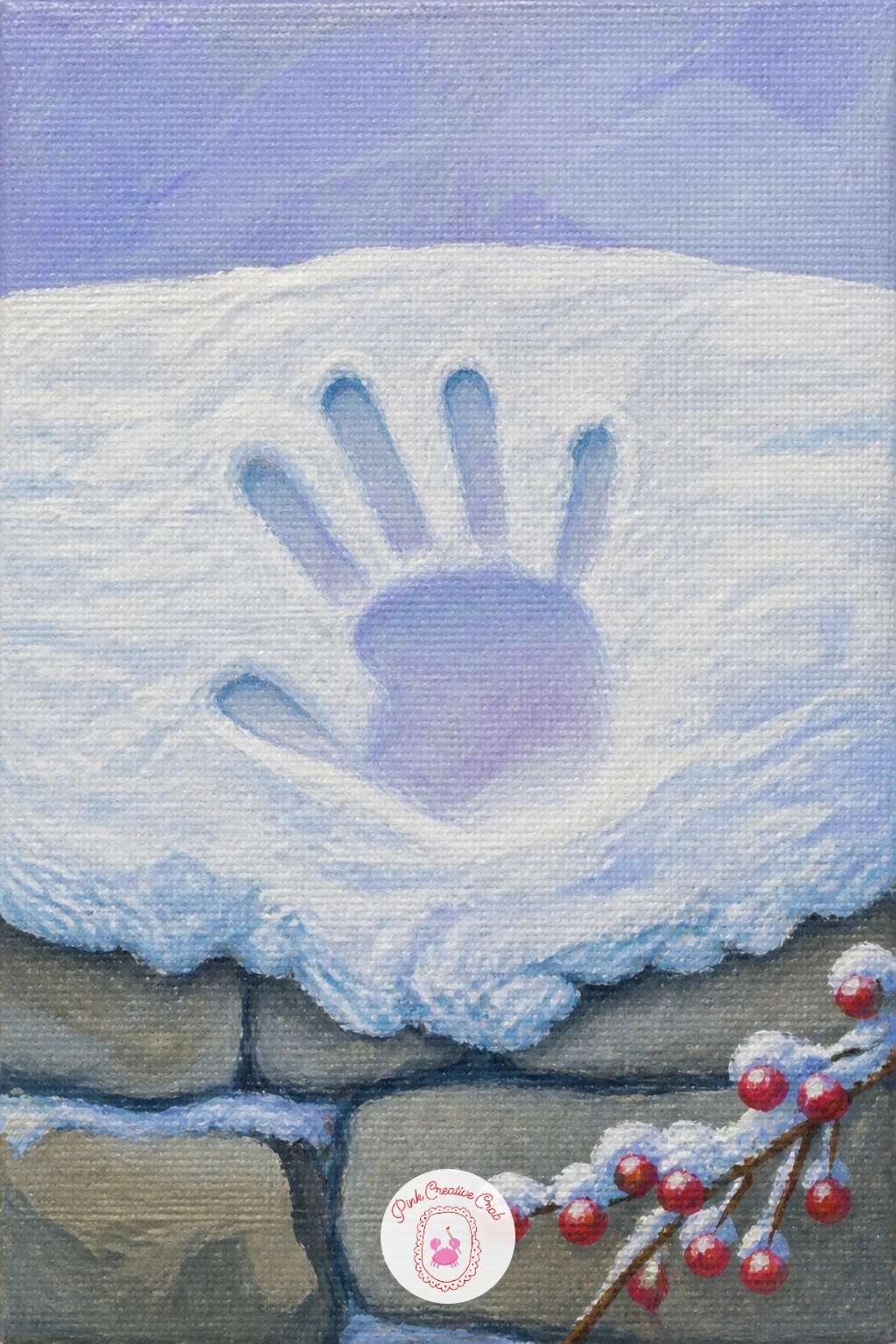 Handprint in Snow on a Garden Wall — A small handprint pressed into the snow on a garden wall is one of the more intimate scenes here, built almost entirely