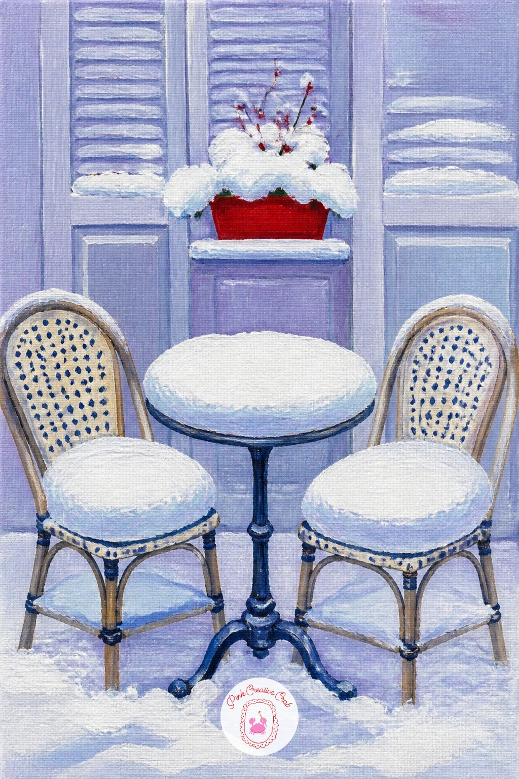 Bistro Chairs in Snow Cushions — Two bistro chairs outside a closed cafe wearing snow cushions make a charming paired composition. Snow painting