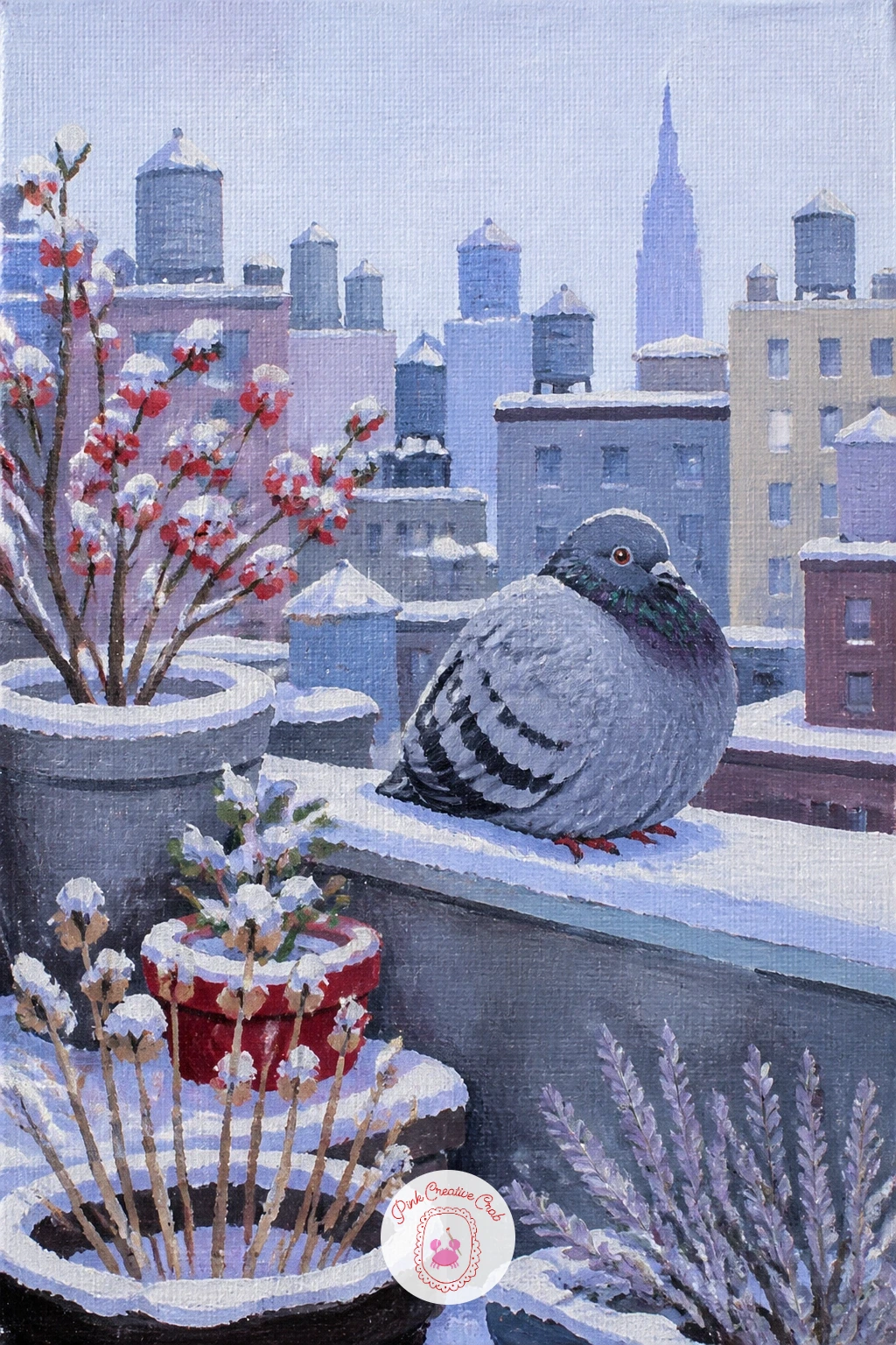 Rooftop Garden With a Pigeon — A snowy rooftop garden in the city with a pigeon brings a bit of life above the street level. Snow painting
