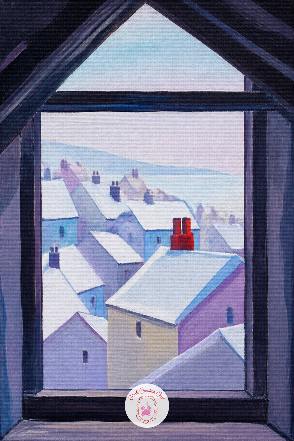 Rooftops Seen From an Attic Window — Close out with the most layered scene on the list: a hill of snowy rooftops seen from an attic window above them all. Snow