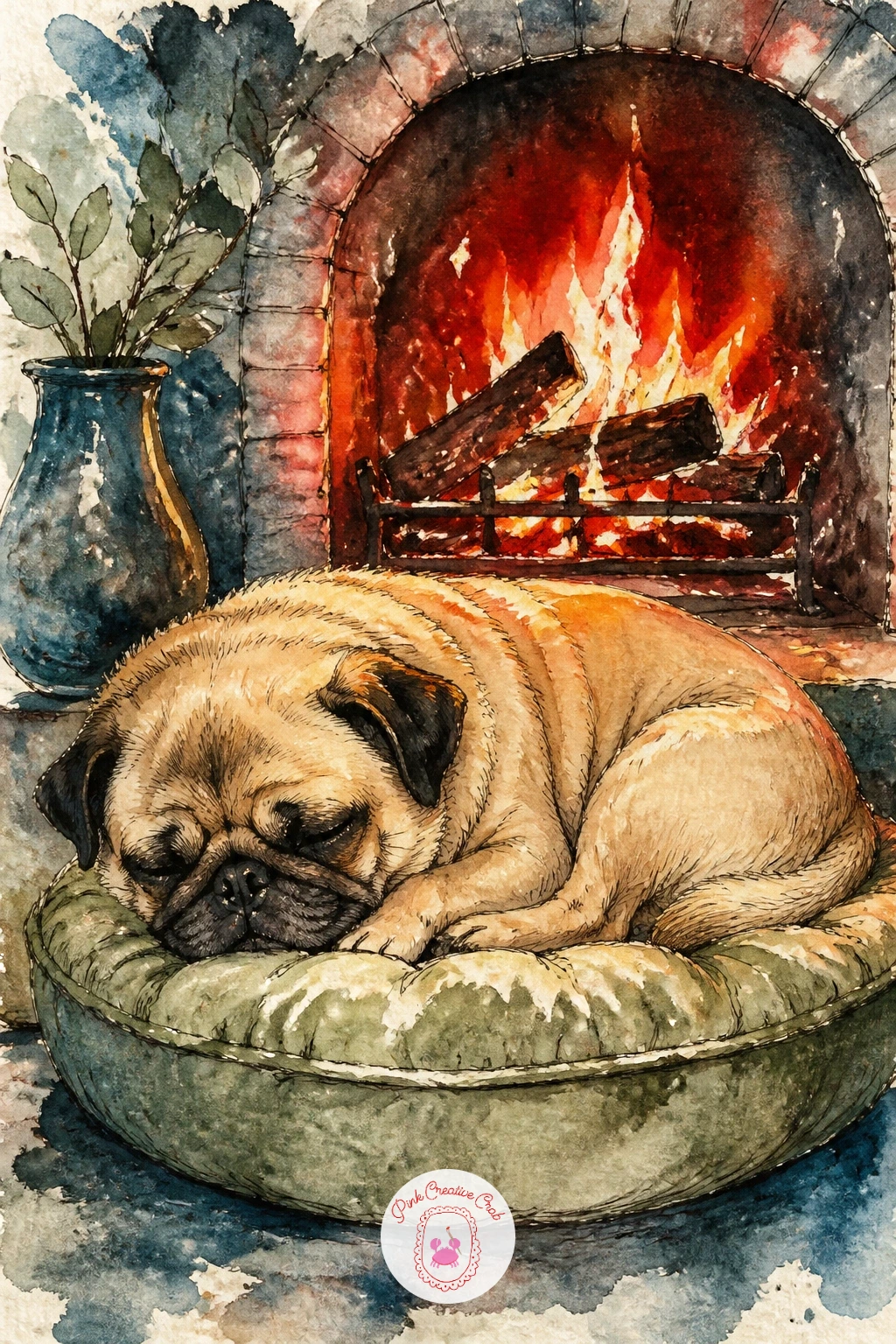 Pug Asleep By The Fire — Move from motion to stillness with a pug curled nose to tail on a round dog bed, the easiest sleeping pose because the whole body