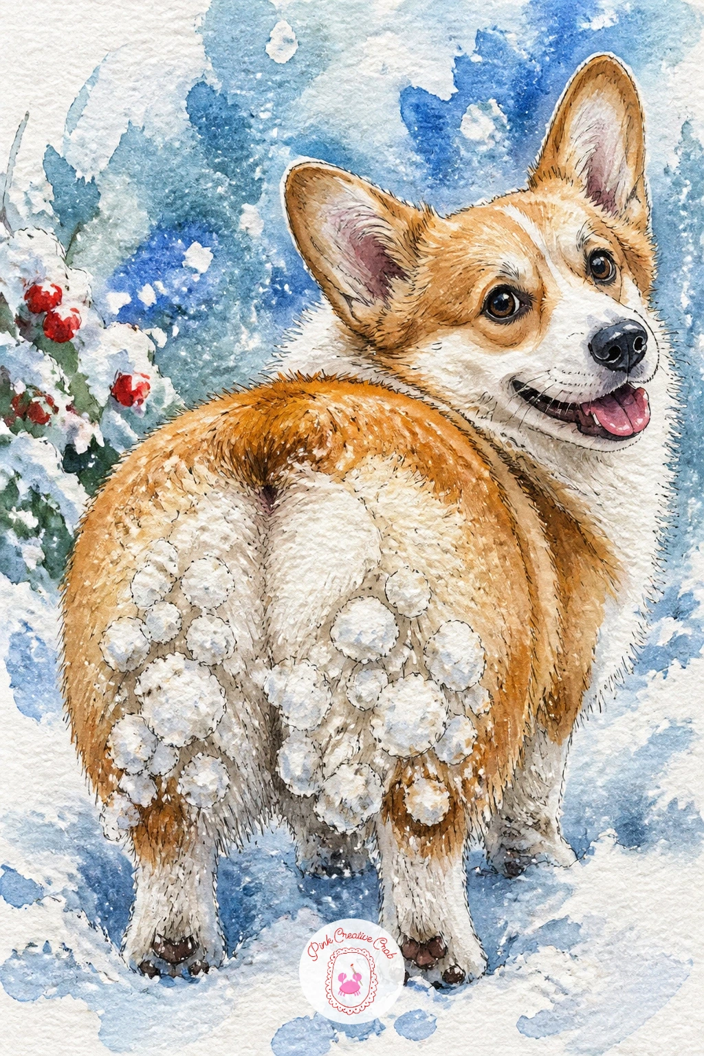 Corgi With A Snowy Bottom — A corgi gives you a happy, slightly comic subject: short legs, big ears, and a fluffy rear end caked in snow after a good romp. Dog
