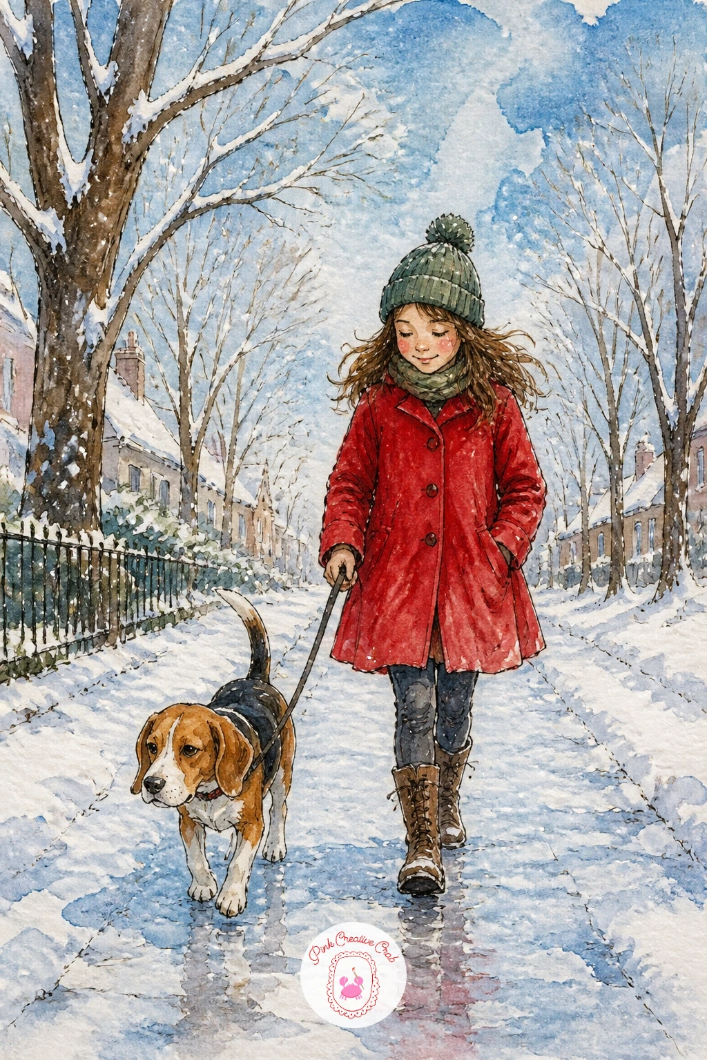 Girl Walking A Beagle — Bring a person into the scene now with a girl walking a beagle along a snowy, tree lined street, a composition that works well as a