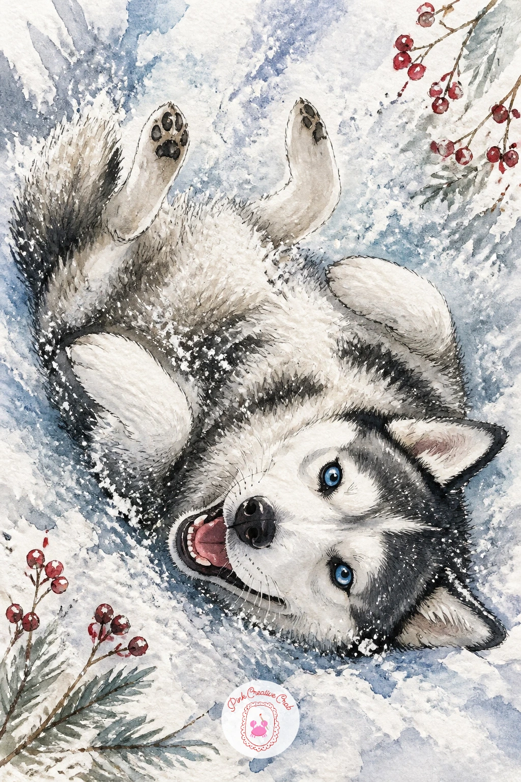 Husky Rolling In Fresh Powder — Switch to a husky thrown onto its back mid roll in fresh powder, legs up in the air and head tipped sideways, a pose that reads
