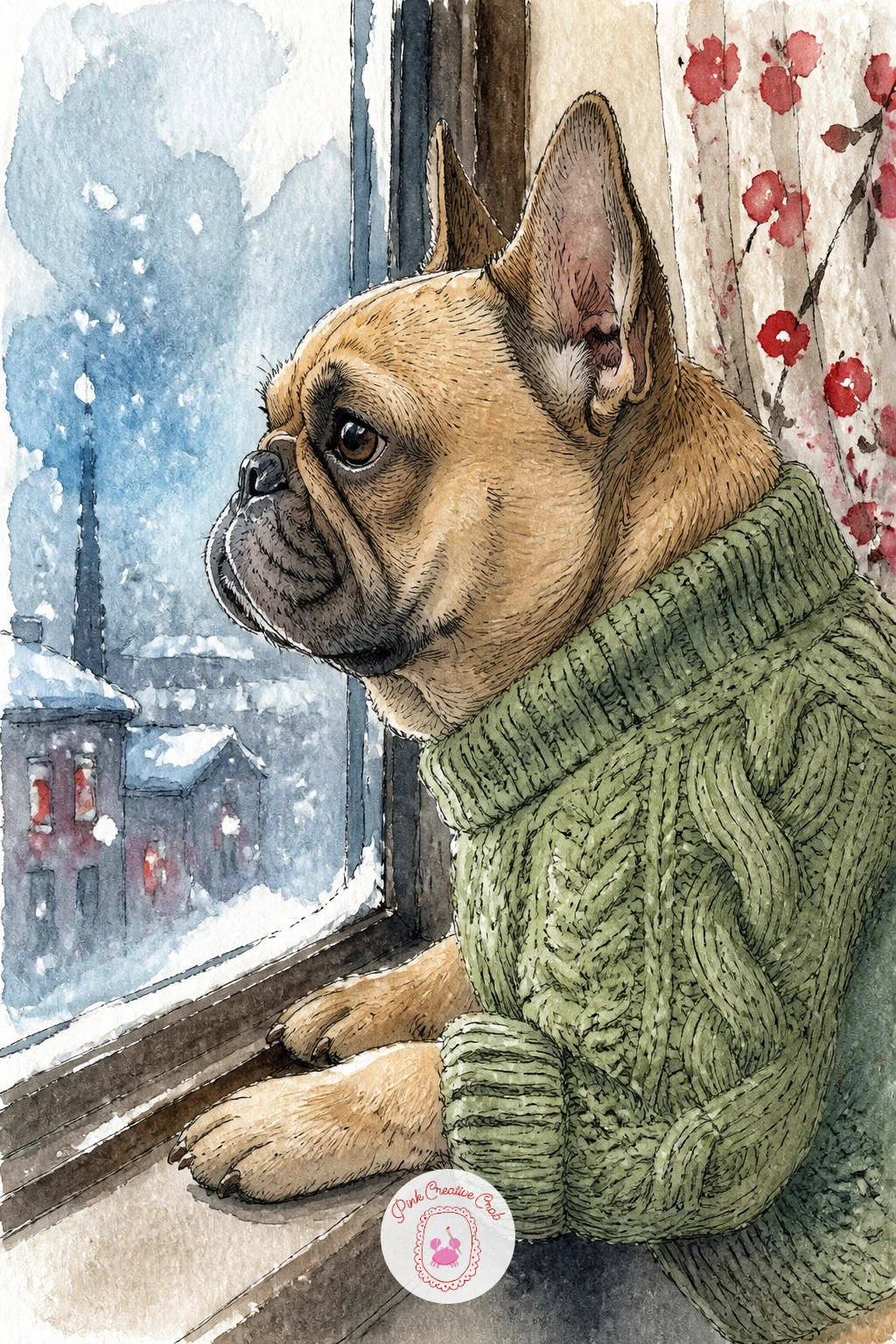 French Bulldog In A Knit Sweater — Quiet things down with a French bulldog sitting upright in a knit sweater, looking out at the snow through a window, a