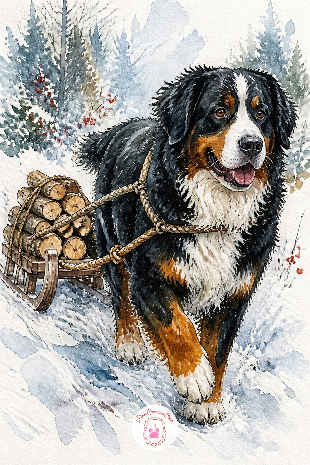 Bernese Mountain Dog Pulling A Sled — Give yourself a bigger, more satisfying subject with a Bernese mountain dog pulling a little wooden sled stacked with