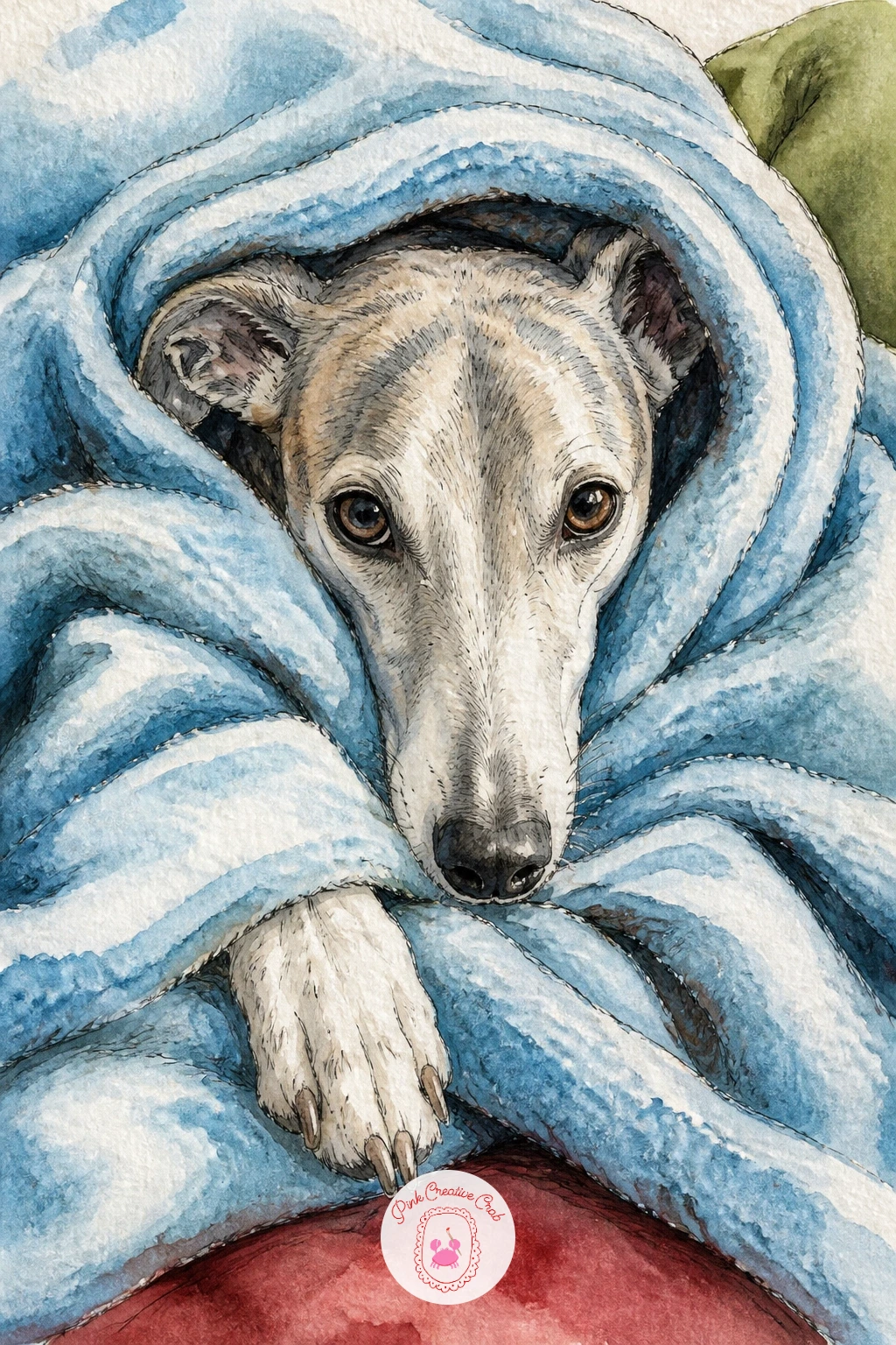 Whippet Wrapped In A Fleece Blanket — Come back indoors for a whippet wrapped nose to tail in a fleece blanket on the sofa, only the narrow face and one paw