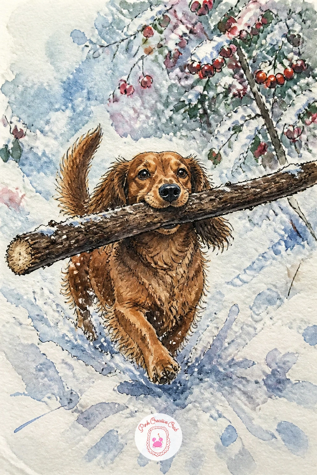 Dog Carrying A Giant Stick — Add some comedy with a dog carrying a stick far too big for it through the snow, the stick stretching well beyond the dog's body