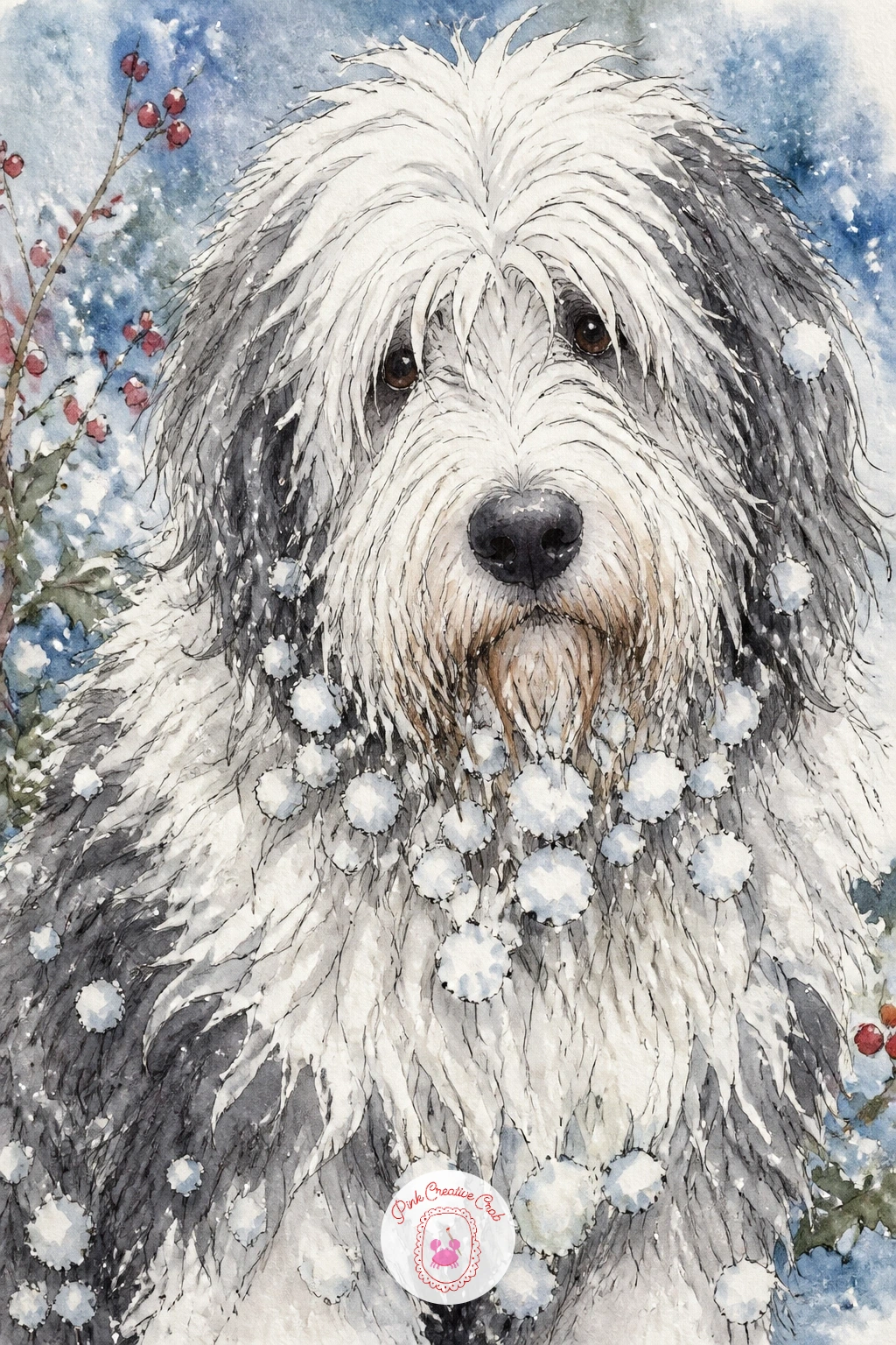 Sheepdog With Snowballs In Its Fur — Take on more texture now with a sheepdog whose long shaggy coat has collected dozens of little snowballs after a romp