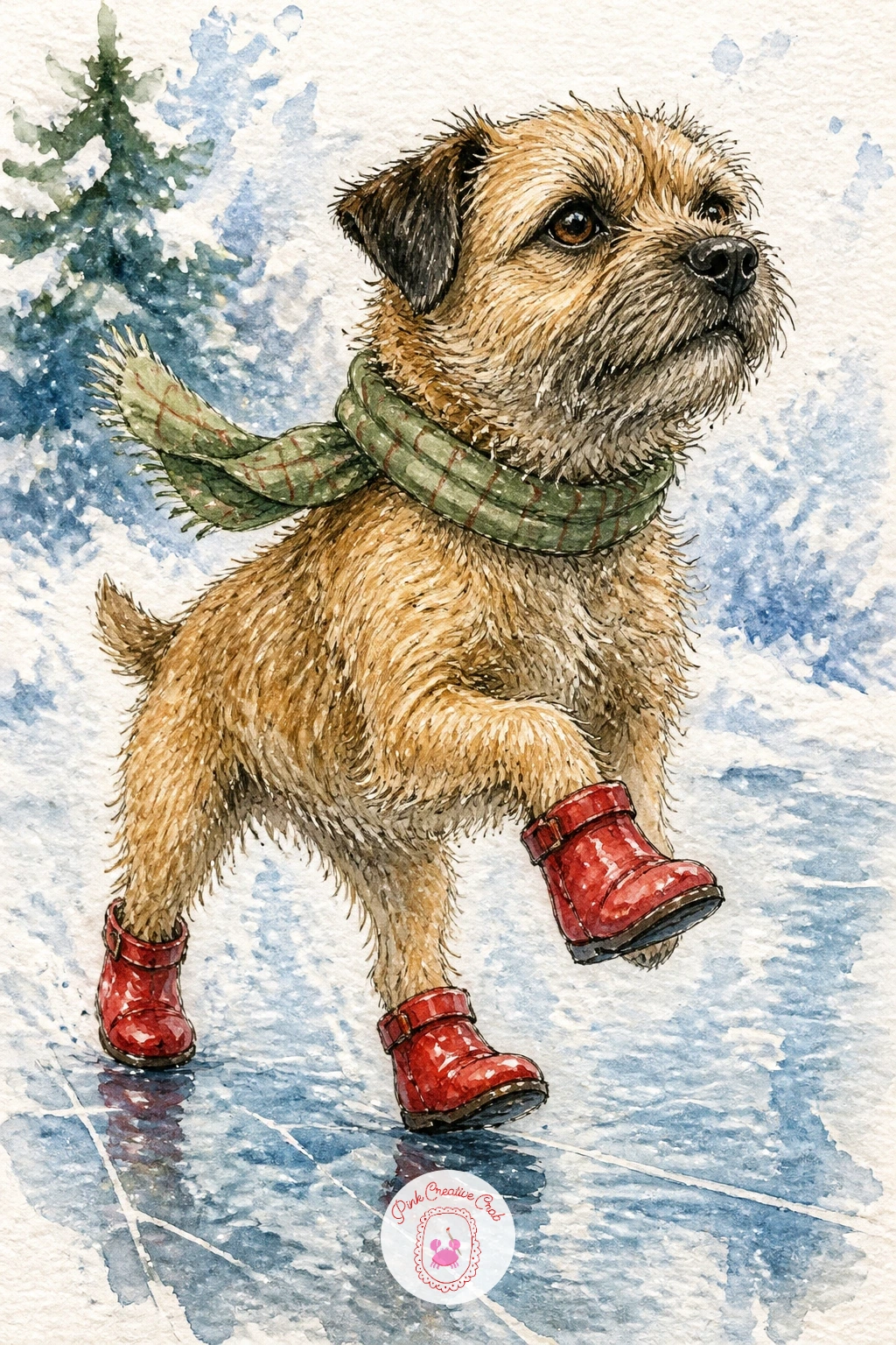 Terrier In Tiny Boots On Ice — Have some fun with a small terrier wearing tiny boots, high stepping awkwardly across an icy path, a pose built around four