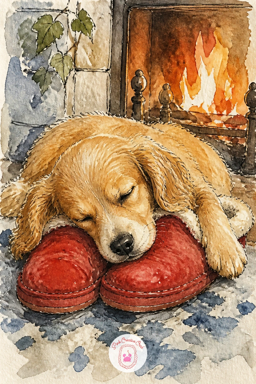 Dog Asleep Across Slippers — Settle into a quieter mood with a dog sprawled asleep across a pair of slippers by the fire, one of the simplest compositions on